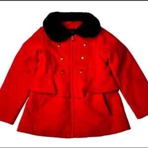 Jessica Simpson Red Faux Wool Pea Coat Black Faux Fur Collar Winter